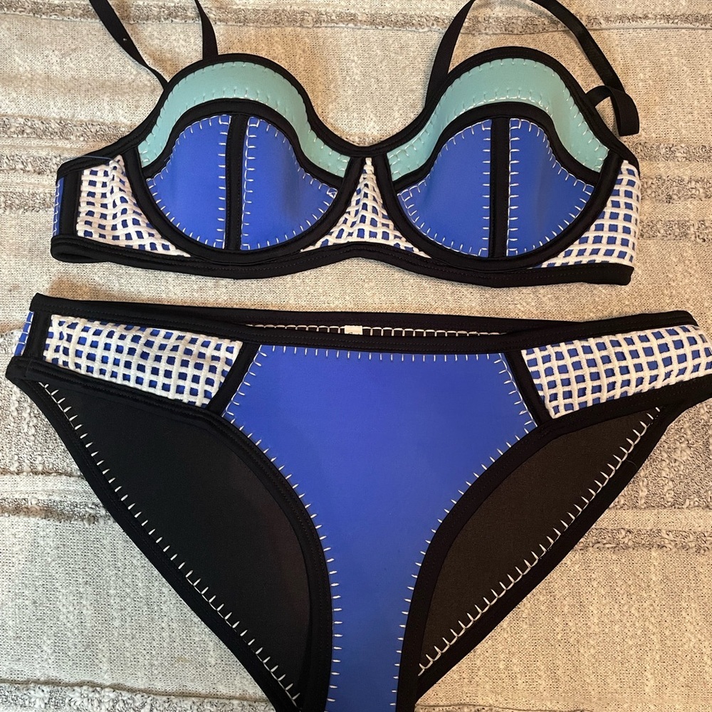 Blue and Black Geometric Neoprene Bikini with Structured Top NWOT